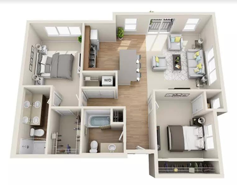 Floor plan for 2 beds, 2 baths, 1218 sqft